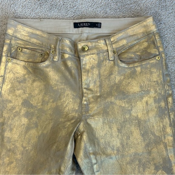 LAUREN Ralph Lauren metallic gold distressed faded stretchy slim fit jeans Sz 10 - Picture 3 of 14